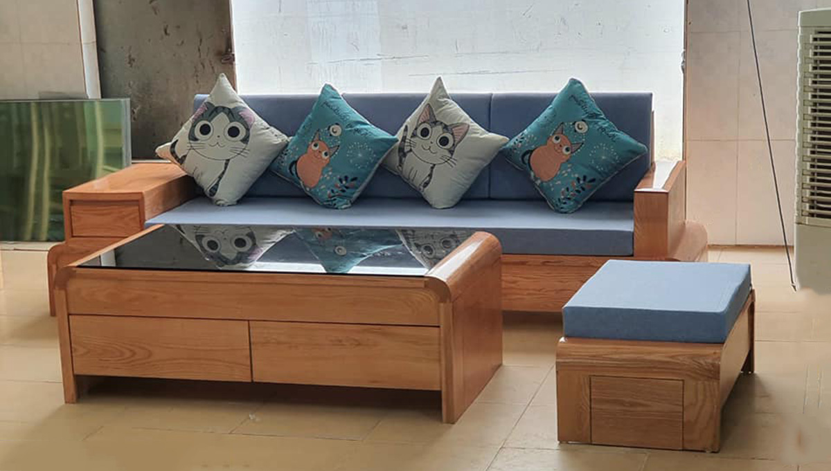 Sofa gỗ văng nệm nỉ xanh trẻ trung
