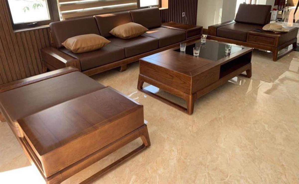 Sofa gỗ văng kết hợp đôn lớn hiện đại