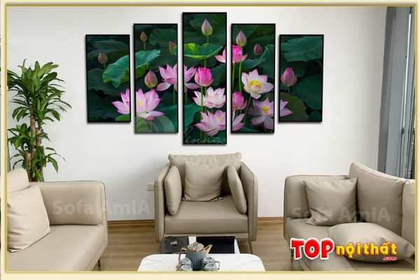 Bức tranh hoa sen hồng treo phòng khách hiện đại TraTop-3066