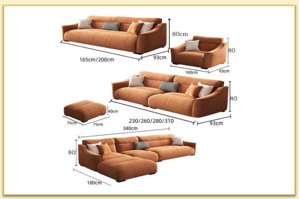 Hình ảnh Chi tiết kích thước mẫu ghế sofa văng nỉ chân thấp Softop-1609